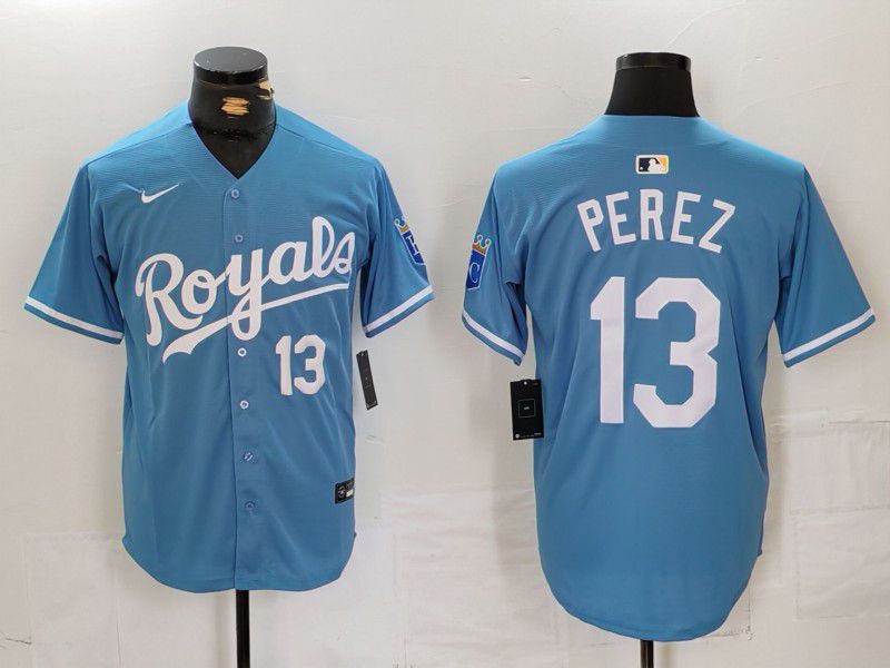 Men Kansas City Royals #13 Perez Blue Light Game 2024 Nike MLB Jersey style 2